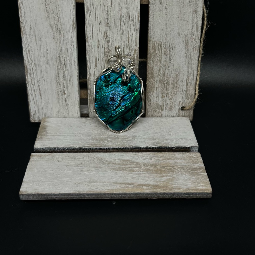 Silver Wrapped Mother Of Pearl pendant with Swarovski crystals RARE Handcrafted